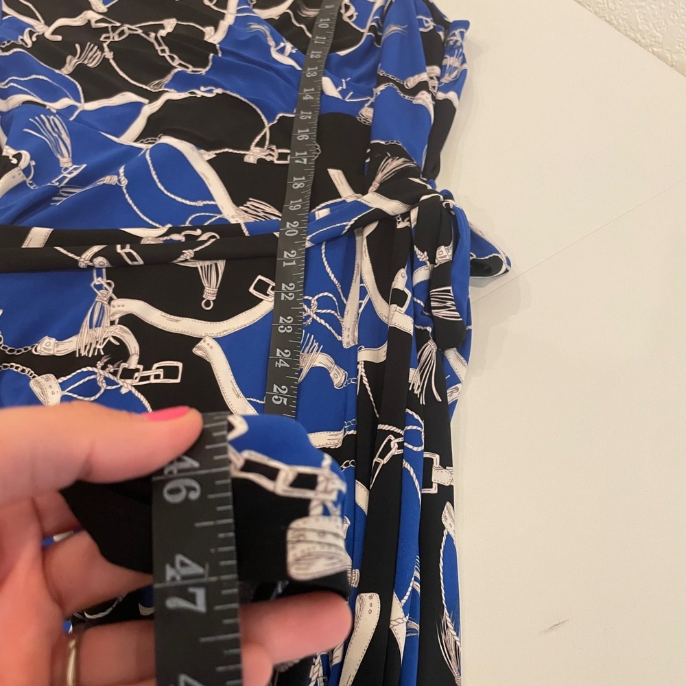 Lauren Ralph Lauren Blue Black Equestrian Chain Print Faux Wrap Dress Size 16 - Picture 8 of 9